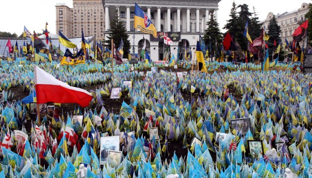 In Kyiv, man detained for damaging flags, photos of fallen Ukrainian defenders