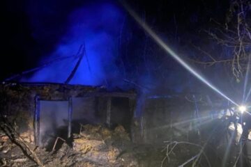 Farm building burns down in Poltava Region at night due to falling drone debris