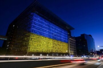 European institutions’ buildings illuminated in blue and yellow colors on eve of Ukraine’s Independence Day